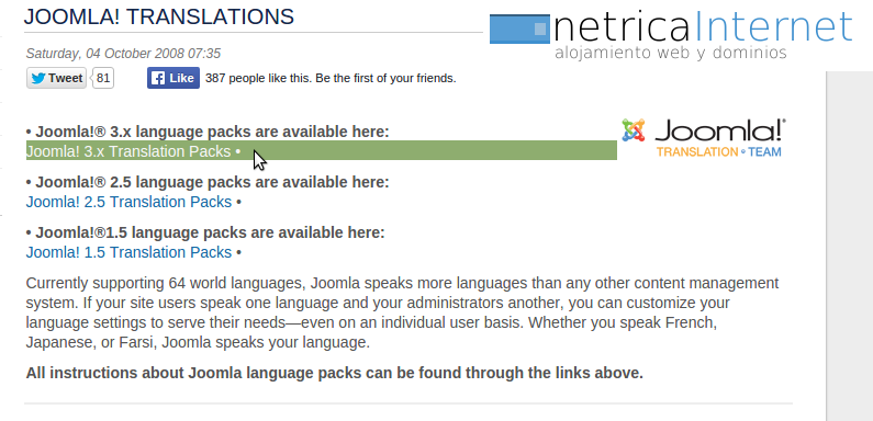 Cambiar paquete idioma joomla imágen 3