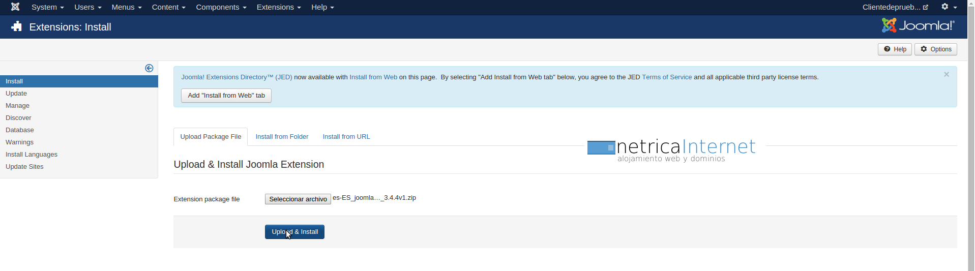 Cambiar paquete idioma joomla imágen 7