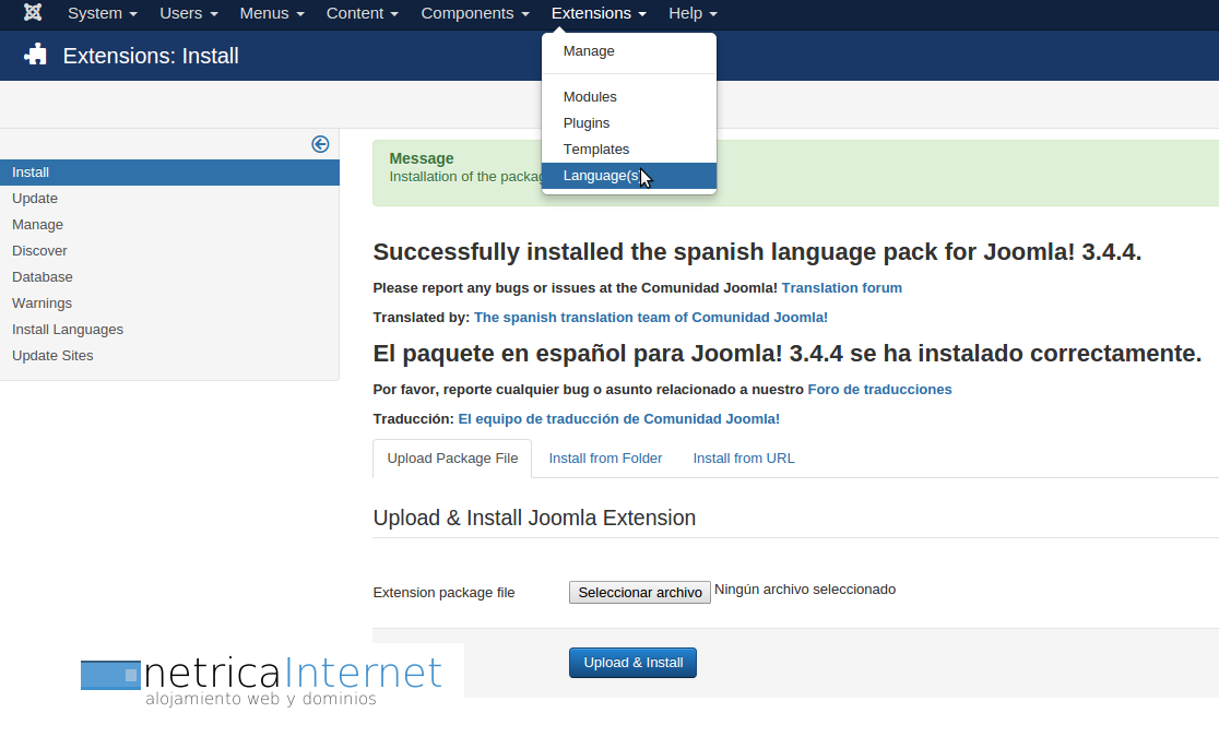 Cambiar paquete idioma joomla imágen 8