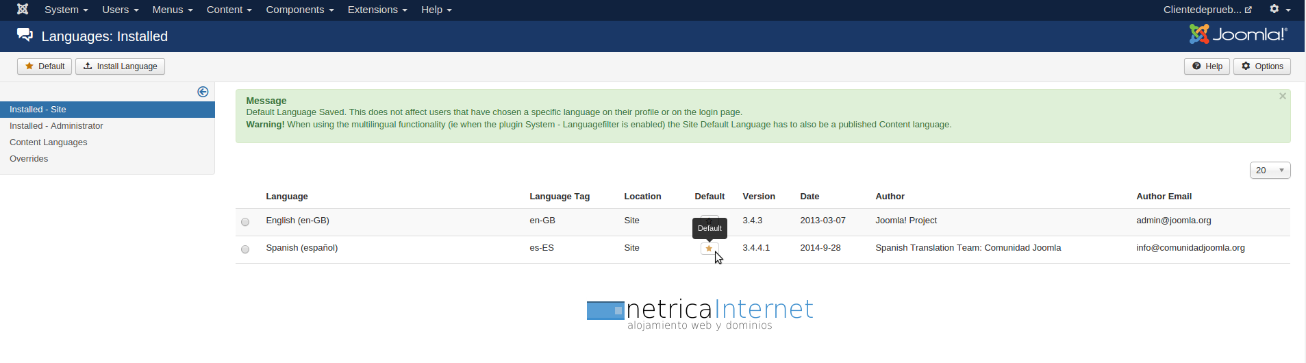 Cambiar paquete idioma joomla imágen 9