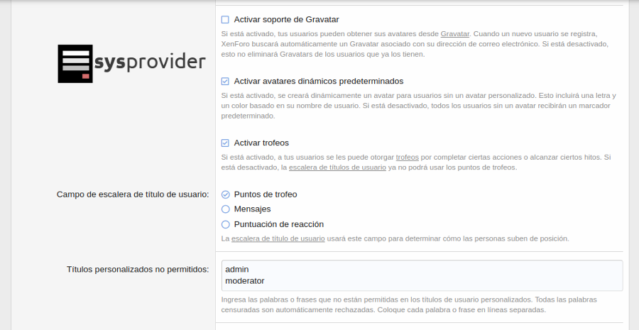 opciones de usuario