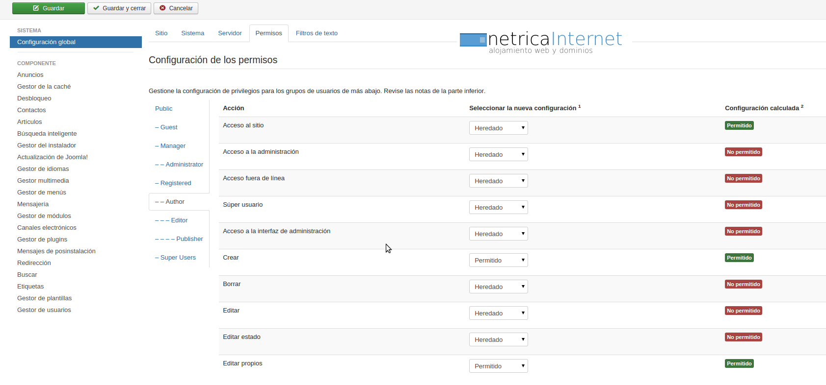 Modificar permisos usuario joomla imágen 2