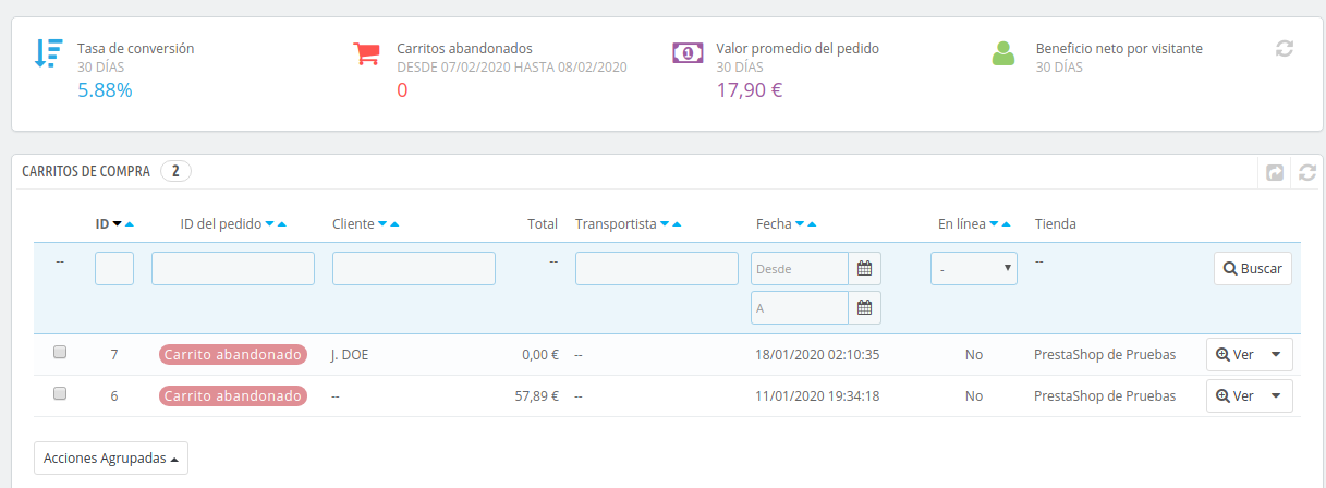 Cómo ver los carritos abandonados en PrestaShop 1.7
