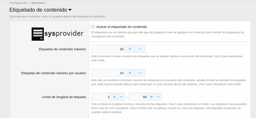 opciones de Etiquetado de contenido 