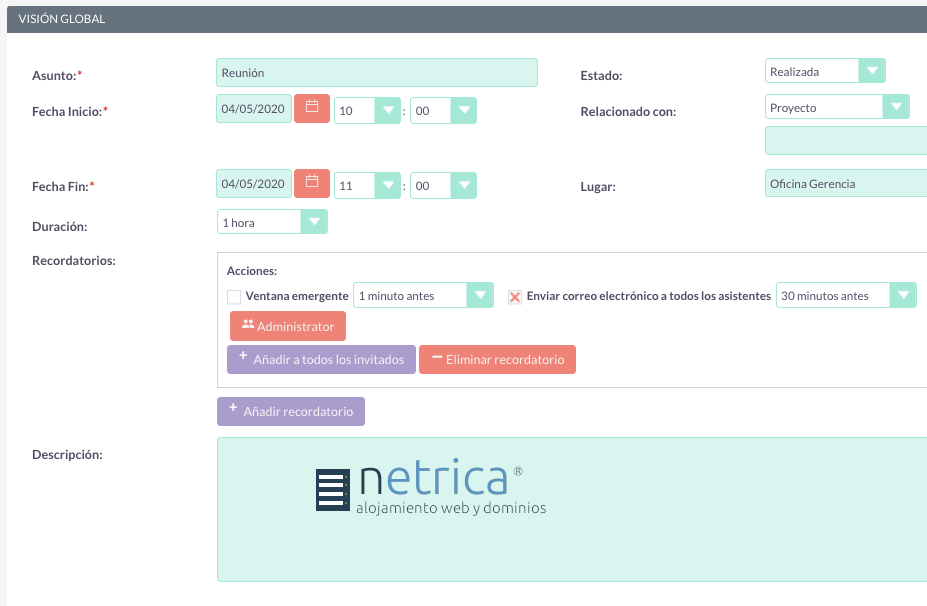 Cómo organizar una nueva reunión en SuiteCRM