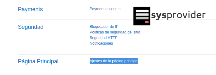 ajustes de la página principal