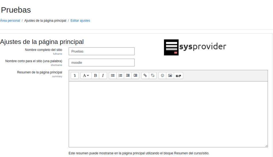 ajustes de la página principal