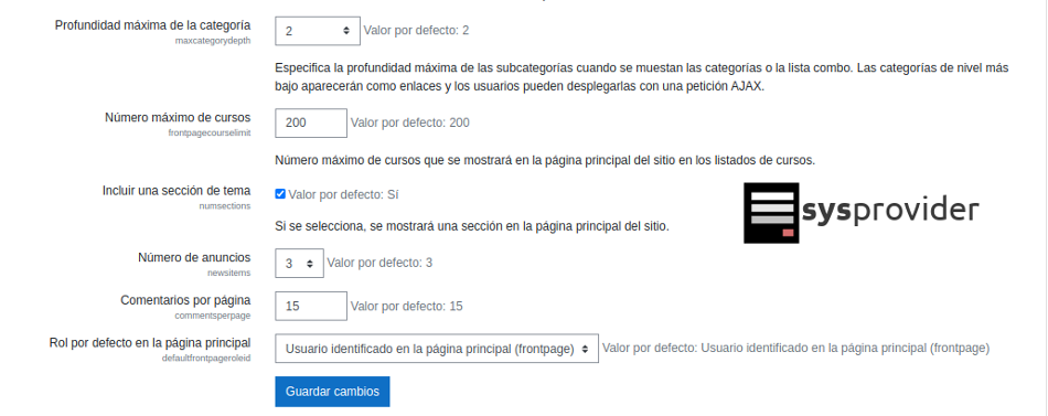 ajustes de la página principal
