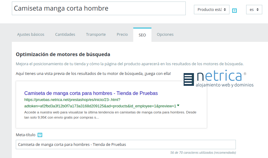 Cómo configurar las opciones SEO de un producto en PrestaShop