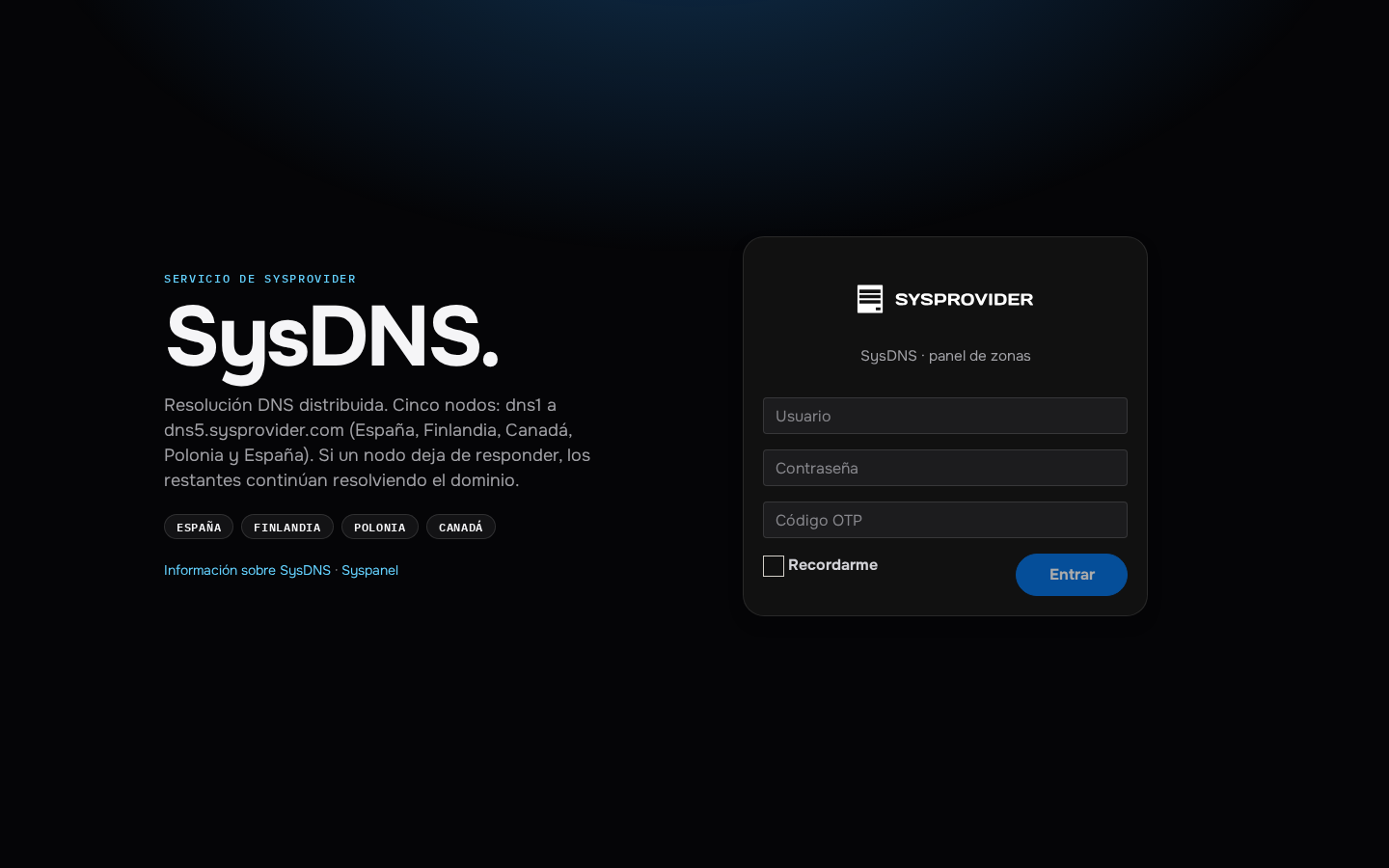 Acceso al panel SysDNS: autenticación de operadores