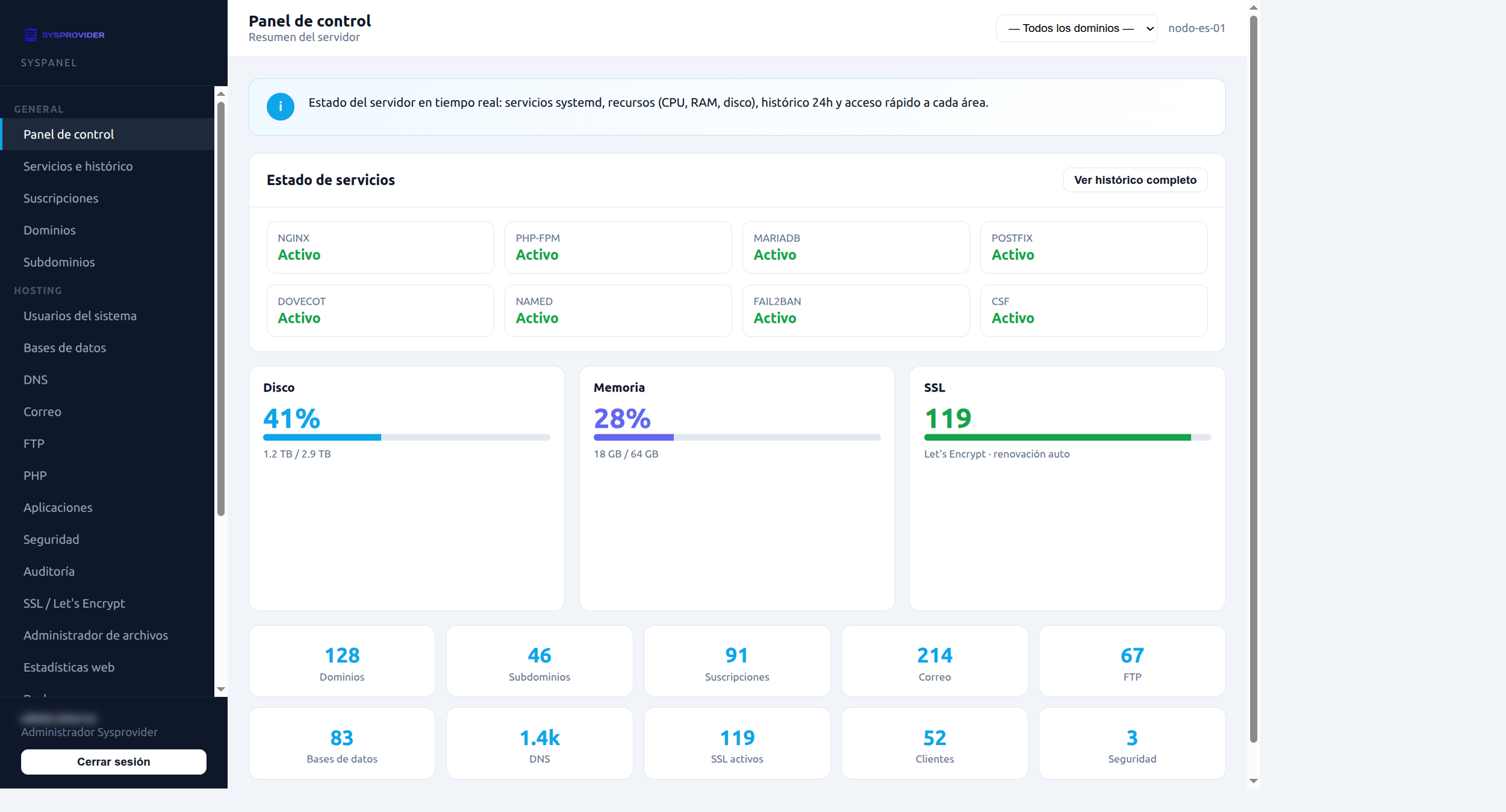Syspanel: panel de control con servicios, disco, memoria y SSL