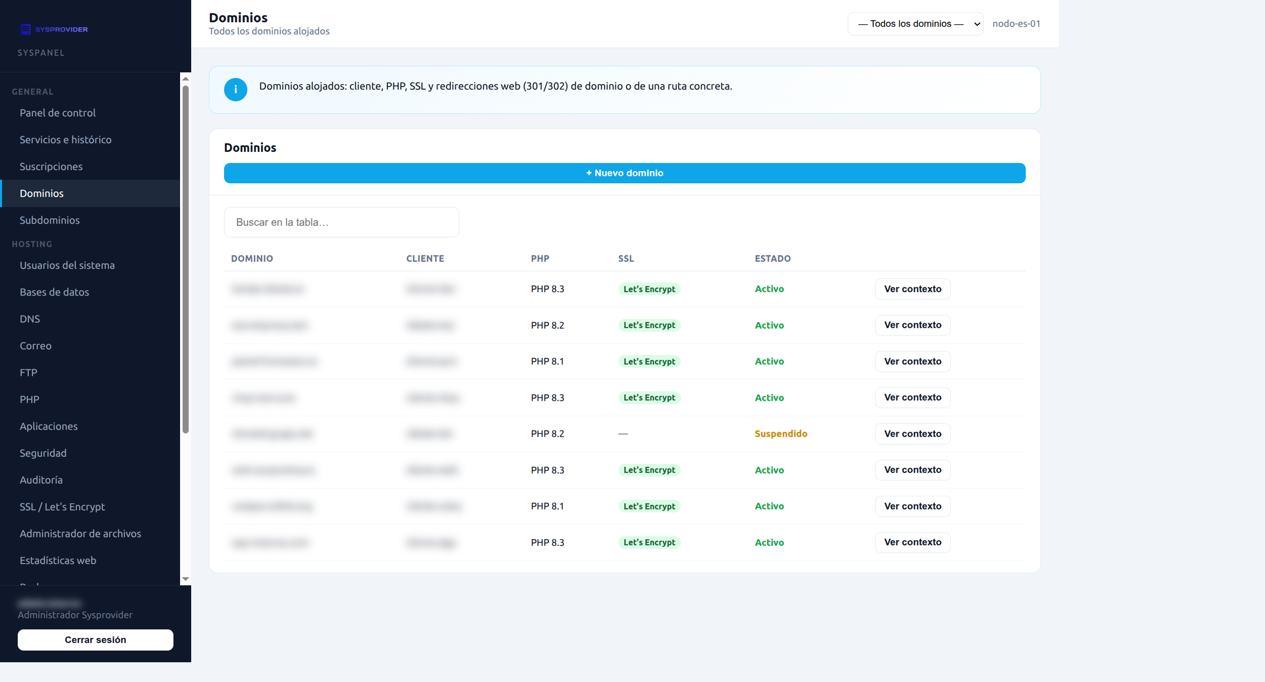 Syspanel: listado de dominios con PHP y SSL