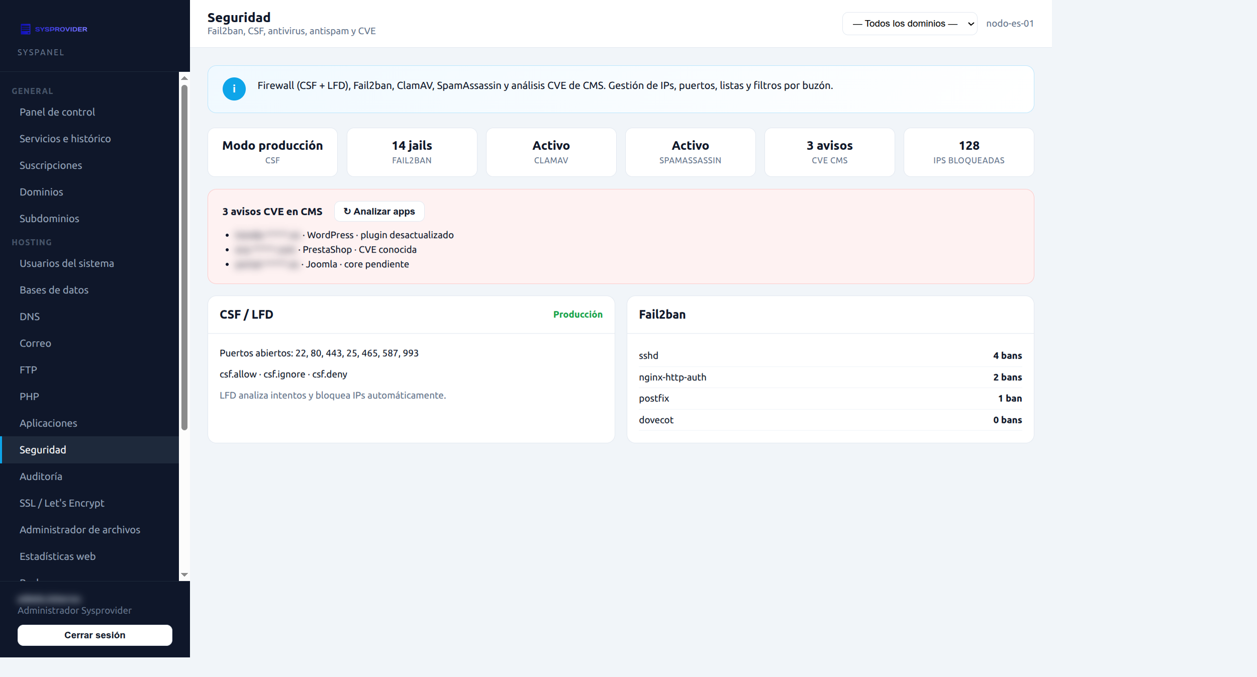Syspanel: seguridad, CSF y Fail2ban