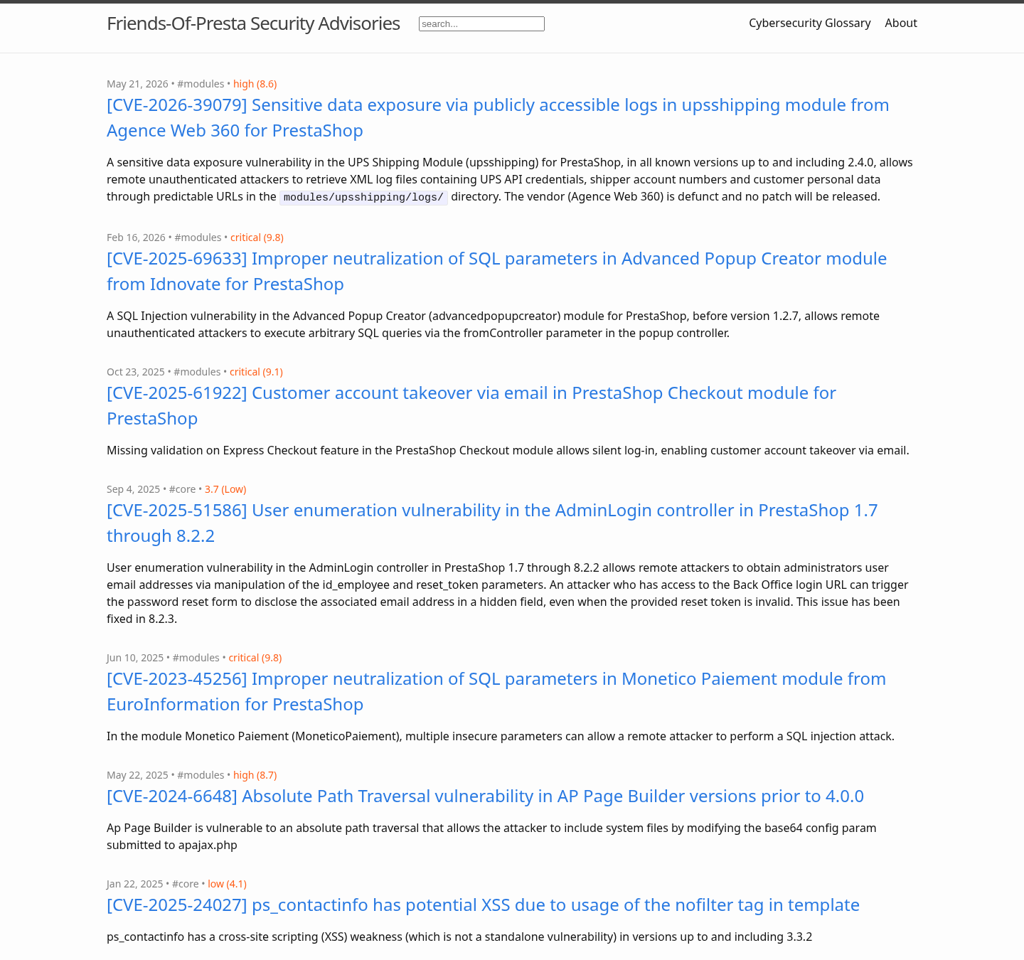 Listado de CVE recientes en modulos de PrestaShop