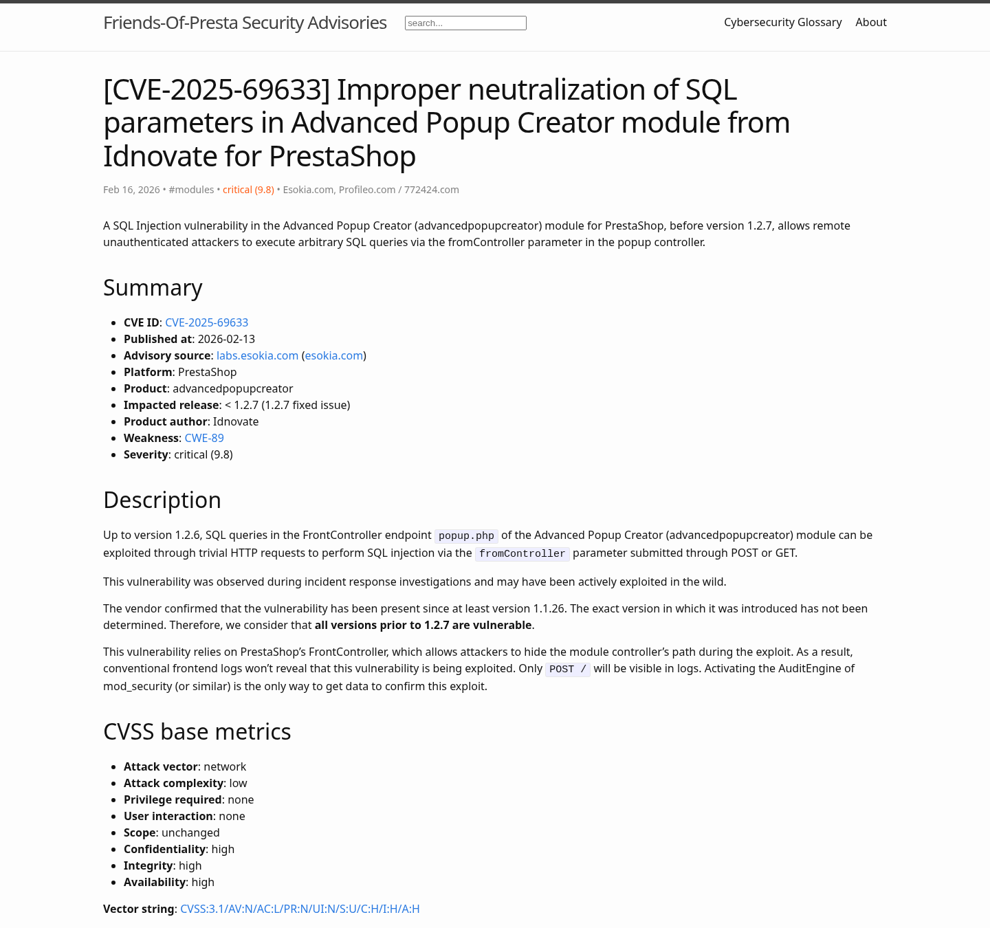 Ficha de CVE-2025-69633, inyeccion SQL en un modulo de PrestaShop